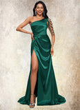 Joanna Trumpet/Mermaid One Shoulder Sweep Train Stretch Satin Prom Dresses With Beading STAP0022205