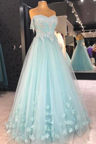 Cheap A Line Strapless Floor Length Tulle Prom Dress With Flowers Appliqued Formal STAPS5H8PGM