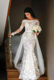 Mermaid Long Sleeve Lace Appliques Off the Shoulder Detachable Train Wedding Dresses STA15262