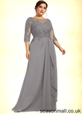 Viviana A-Line Scoop Neck Floor-Length Chiffon Lace Mother of the Bride Dress With Beading Sequins Cascading Ruffles STA126P0014529