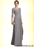 Viviana A-Line Scoop Neck Floor-Length Chiffon Lace Mother of the Bride Dress With Beading Sequins Cascading Ruffles STA126P0014529