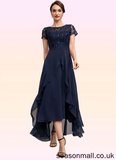 Karissa A-Line Scoop Neck Asymmetrical Chiffon Lace Mother of the Bride Dress With Sequins Bow(s) Cascading Ruffles STA126P0014530