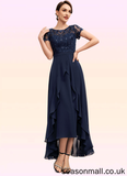 Karissa A-Line Scoop Neck Asymmetrical Chiffon Lace Mother of the Bride Dress With Sequins Bow(s) Cascading Ruffles STA126P0014530