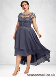 Evelin A-Line Scoop Neck Asymmetrical Chiffon Lace Mother of the Bride Dress With Beading STA126P0014534