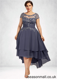 Evelin A-Line Scoop Neck Asymmetrical Chiffon Lace Mother of the Bride Dress With Beading STA126P0014534