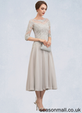 Violet A-Line Scoop Neck Tea-Length Chiffon Lace Mother of the Bride Dress With Beading Sequins STA126P0014535