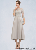 Violet A-Line Scoop Neck Tea-Length Chiffon Lace Mother of the Bride Dress With Beading Sequins STA126P0014535