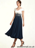 Ayanna A-Line V-neck Tea-Length Chiffon Lace Mother of the Bride Dress STA126P0014539