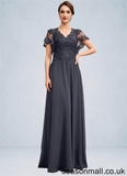 Moira A-line V-Neck Floor-Length Chiffon Lace Mother of the Bride Dress With Sequins STA126P0014542