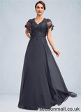 Moira A-line V-Neck Floor-Length Chiffon Lace Mother of the Bride Dress With Sequins STA126P0014542