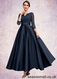 Journey A-Line V-neck Ankle-Length Satin Lace Mother of the Bride Dress With Beading STA126P0014545