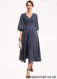Hannah A-Line V-neck Tea-Length Chiffon Mother of the Bride Dress With Ruffle STA126P0014566