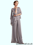 Urania Jumpsuit/Pantsuit Scoop Neck Floor-Length Chiffon Mother of the Bride Dress With Beading STA126P0014630