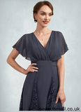 Zoe A-Line V-neck Asymmetrical Chiffon Lace Mother of the Bride Dress With Ruffle STA126P0014638