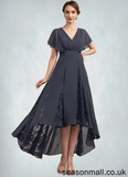 Zoe A-Line V-neck Asymmetrical Chiffon Lace Mother of the Bride Dress With Ruffle STA126P0014638