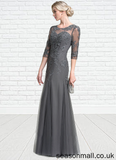 Micaela A-Line/Princess Scoop Neck Floor-Length Tulle Mother of the Bride Dress With Beading Sequins STA126P0014782