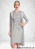 Libby Sheath/Column Scoop Neck Knee-Length Chiffon Lace Mother of the Bride Dress With Ruffle Beading STA126P0014821