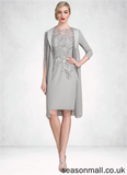 Libby Sheath/Column Scoop Neck Knee-Length Chiffon Lace Mother of the Bride Dress With Ruffle Beading STA126P0014821