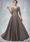 Maria A-Line V-neck Floor-Length Chiffon Lace Mother of the Bride Dress With Beading Sequins STA126P0014876