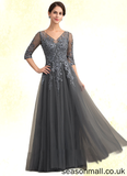 Winnie A-Line V-neck Floor-Length Tulle Lace Mother of the Bride Dress With Beading Sequins STA126P0014895