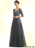 Winnie A-Line V-neck Floor-Length Tulle Lace Mother of the Bride Dress With Beading Sequins STA126P0014895