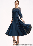 Vicky A-Line Scoop Neck Tea-Length Chiffon Lace Mother of the Bride Dress With Beading Cascading Ruffles STA126P0014952