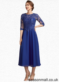 Phyllis A-Line Scoop Neck Tea-Length Chiffon Lace Mother of the Bride Dress With Sequins STA126P0014959