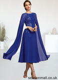 Azul A-Line Scoop Neck Tea-Length Chiffon Lace Mother of the Bride Dress With Sequins STA126P0014960