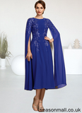 Azul A-Line Scoop Neck Tea-Length Chiffon Lace Mother of the Bride Dress With Sequins STA126P0014960