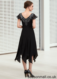 Leilani A-Line V-neck Tea-Length Chiffon Lace Mother of the Bride Dress With Sequins STA126P0014967