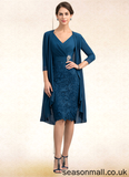 Maliyah Sheath/Column V-neck Knee-Length Chiffon Lace Mother of the Bride Dress With Crystal Brooch STA126P0014972