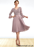 Veronica A-Line V-neck Knee-Length Chiffon Lace Mother of the Bride Dress With Sequins Cascading Ruffles STA126P0014977