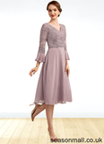 Veronica A-Line V-neck Knee-Length Chiffon Lace Mother of the Bride Dress With Sequins Cascading Ruffles STA126P0014977