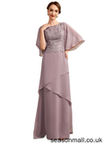 Kate A-Line Scoop Neck Floor-Length Chiffon Lace Mother of the Bride Dress With Sequins Cascading Ruffles STA126P0014991