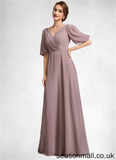 Brooklyn A-Line V-neck Floor-Length Chiffon Mother of the Bride Dress With Ruffle STA126P0014992