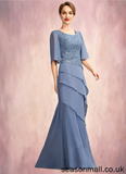 Lexie A-Line Scoop Neck Floor-Length Chiffon Lace Mother of the Bride Dress With Sequins Cascading Ruffles STA126P0014997
