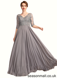 Leslie A-Line V-neck Floor-Length Chiffon Lace Mother of the Bride Dress With Sequins STA126P0014999