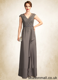 Germaine A-Line V-neck Floor-Length Chiffon Lace Mother of the Bride Dress With Beading Sequins Cascading Ruffles STA126P0015030