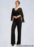 Karma Jumpsuit/Pantsuit V-neck Floor-Length Chiffon Mother of the Bride Dress With Ruffle Beading Appliques Lace Sequins STA126P0015033