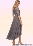 Genesis A-line Boat Neck Illusion Asymmetrical Chiffon Lace Mother of the Bride Dress With Beading Sequins STAP0021629