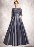 Olympia A-line Scoop Illusion Floor-Length Lace Satin Mother of the Bride Dress With Bow Sequins STAP0021633