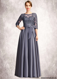 Olympia A-line Scoop Illusion Floor-Length Lace Satin Mother of the Bride Dress With Bow Sequins STAP0021633