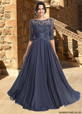 Destinee A-line Scoop Illusion Floor-Length Chiffon Lace Mother of the Bride Dress With Pleated Sequins STAP0021639