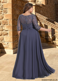 Destinee A-line Scoop Illusion Floor-Length Chiffon Lace Mother of the Bride Dress With Pleated Sequins STAP0021639