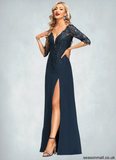 Pancy Sheath/Column V-Neck Floor-Length Chiffon Lace Mother of the Bride Dress With Sequins STAP0021643