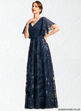 Destiny A-line V-Neck Floor-Length Chiffon Lace Sequin Mother of the Bride Dress With Pleated STAP0021648