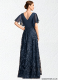 Destiny A-line V-Neck Floor-Length Chiffon Lace Sequin Mother of the Bride Dress With Pleated STAP0021648