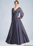 Mariana A-line V-Neck Floor-Length Chiffon Mother of the Bride Dress With Pleated Appliques Lace Sequins STAP0021652
