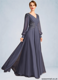 Mariana A-line V-Neck Floor-Length Chiffon Mother of the Bride Dress With Pleated Appliques Lace Sequins STAP0021652