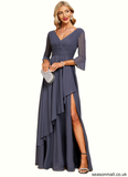 Vera A-line V-Neck Floor-Length Chiffon Mother of the Bride Dress With Cascading Ruffles STAP0021653